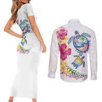 Hawaiian Abstract Art Turtles Couples Matching Short Sleeve Bodycon Dress and Long Sleeve Button Shirt with Plumeria and Hibiscus LT03 - Polynesian Pride