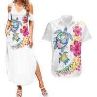 Hawaiian Abstract Art Turtles Couples Matching Summer Maxi Dress and Hawaiian Shirt with Plumeria and Hibiscus LT03 White - Polynesian Pride