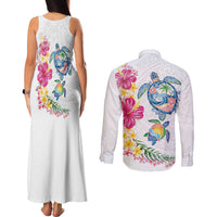 Hawaiian Abstract Art Turtles Couples Matching Tank Maxi Dress and Long Sleeve Button Shirt with Plumeria and Hibiscus LT03 - Polynesian Pride