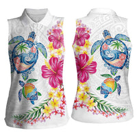 Hawaiian Abstract Art Turtles Women Sleeveless Polo Shirt with Plumeria and Hibiscus LT03 - Polynesian Pride