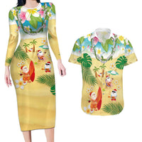 Hawaiian Mele Kalikimaka Couples Matching Long Sleeve Bodycon Dress and Hawaiian Shirt Tropical Plumeria and Lei Funny Santa Beach LT03 Multicolor - Polynesian Pride