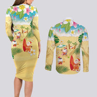 Hawaiian Mele Kalikimaka Couples Matching Long Sleeve Bodycon Dress and Long Sleeve Button Shirt Tropical Plumeria and Lei Funny Santa Beach LT03 - Polynesian Pride