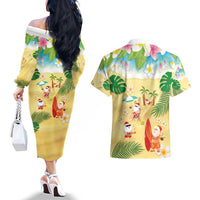 Hawaiian Mele Kalikimaka Couples Matching Off The Shoulder Long Sleeve Dress and Hawaiian Shirt Tropical Plumeria and Lei Funny Santa Beach LT03 - Polynesian Pride