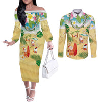 Hawaiian Mele Kalikimaka Couples Matching Off The Shoulder Long Sleeve Dress and Long Sleeve Button Shirt Tropical Plumeria and Lei Funny Santa Beach LT03 Multicolor - Polynesian Pride
