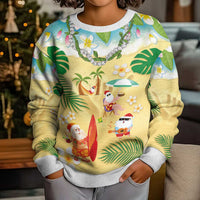 Hawaiian Mele Kalikimaka Kid Ugly Christmas Sweater Funny Santa Claus on Beach with Tropical Plants and Lei LT03 - Polynesian Pride