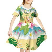 Hawaiian Mele Kalikimaka Kid Short Sleeve Dress Tropical Plumeria and Lei Funny Santa Beach LT03 - Polynesian Pride