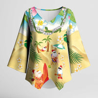 Hawaiian Mele Kalikimaka Kimono Sleeve Blouse Tropical Plumeria and Lei Funny Santa Beach LT03 Female Multicolor - Polynesian Pride