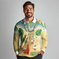 Hawaiian Mele Kalikimaka Long Sleeve Polo Shirt Tropical Plumeria and Lei Funny Santa Beach LT03 - Polynesian Pride