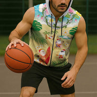 Hawaiian Mele Kalikimaka Sleeveless Zip Hoodie Tropical Plumeria and Lei Funny Santa Beach LT03 - Polynesian Pride