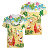 Hawaiian Mele Kalikimaka Women V-Neck T-Shirt Tropical Plumeria and Lei Funny Santa Beach LT03 - Polynesian Pride