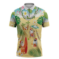 Hawaiian Mele Kalikimaka Zipper Polo Shirt Tropical Plumeria and Lei Funny Santa Beach LT03 Multicolor - Polynesian Pride