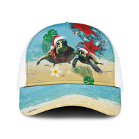 Hawaiian Mele Kalikimaka Baseball Net Cap Xmas Turtles and Tropical Plants with Red Poinsettia Watercolor Style LT03 One Size White Multicolor - Polynesian Pride