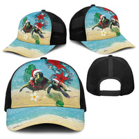 Hawaiian Mele Kalikimaka Baseball Net Cap Xmas Turtles and Tropical Plants with Red Poinsettia Watercolor Style LT03 - Polynesian Pride