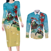 Hawaiian Mele Kalikimaka Couples Matching Long Sleeve Bodycon Dress and Long Sleeve Button Shirt Tropical Xmas Turtles Red Poinsettia Watercolor LT03 Multicolor - Polynesian Pride