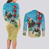 Hawaiian Mele Kalikimaka Couples Matching Long Sleeve Bodycon Dress and Long Sleeve Button Shirt Tropical Xmas Turtles Red Poinsettia Watercolor LT03 - Polynesian Pride