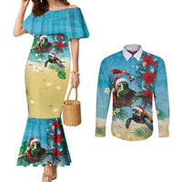 Hawaiian Mele Kalikimaka Couples Matching Mermaid Dress and Long Sleeve Button Shirt Tropical Xmas Turtles Red Poinsettia Watercolor LT03 Multicolor - Polynesian Pride