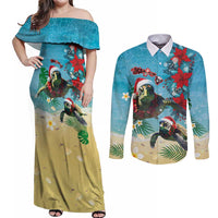Hawaiian Mele Kalikimaka Couples Matching Off Shoulder Maxi Dress and Long Sleeve Button Shirt Tropical Xmas Turtles Red Poinsettia Watercolor LT03 Multicolor - Polynesian Pride