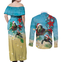 Hawaiian Mele Kalikimaka Couples Matching Off Shoulder Maxi Dress and Long Sleeve Button Shirt Tropical Xmas Turtles Red Poinsettia Watercolor LT03 - Polynesian Pride