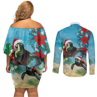 Hawaiian Mele Kalikimaka Couples Matching Off Shoulder Short Dress and Long Sleeve Button Shirt Tropical Xmas Turtles Red Poinsettia Watercolor LT03 - Polynesian Pride