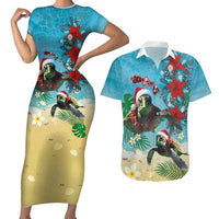 Hawaiian Mele Kalikimaka Couples Matching Short Sleeve Bodycon Dress and Hawaiian Shirt Tropical Xmas Turtles Red Poinsettia Watercolor LT03 Multicolor - Polynesian Pride
