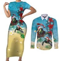 Hawaiian Mele Kalikimaka Couples Matching Short Sleeve Bodycon Dress and Long Sleeve Button Shirt Tropical Xmas Turtles Red Poinsettia Watercolor LT03 Multicolor - Polynesian Pride