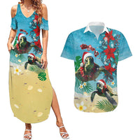Hawaiian Mele Kalikimaka Couples Matching Summer Maxi Dress and Hawaiian Shirt Tropical Xmas Turtles Red Poinsettia Watercolor LT03 Multicolor - Polynesian Pride