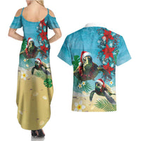 Hawaiian Mele Kalikimaka Couples Matching Summer Maxi Dress and Hawaiian Shirt Tropical Xmas Turtles Red Poinsettia Watercolor LT03 - Polynesian Pride
