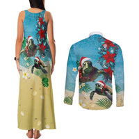 Hawaiian Mele Kalikimaka Couples Matching Tank Maxi Dress and Long Sleeve Button Shirt Tropical Xmas Turtles Red Poinsettia Watercolor LT03 - Polynesian Pride