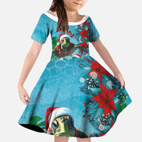 Hawaiian Mele Kalikimaka Family Matching Off The Shoulder Long Sleeve Dress and Hawaiian Shirt Tropical Xmas Turtles Red Poinsettia Watercolor LT03 Daughter's Dress Multicolor - Polynesian Pride