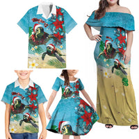 Hawaiian Mele Kalikimaka Family Matching Off Shoulder Maxi Dress and Hawaiian Shirt Tropical Xmas Turtles Red Poinsettia Watercolor LT03 - Polynesian Pride