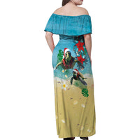 Hawaiian Mele Kalikimaka Family Matching Off Shoulder Maxi Dress and Hawaiian Shirt Tropical Xmas Turtles Red Poinsettia Watercolor LT03 - Polynesian Pride