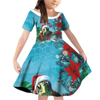 Hawaiian Mele Kalikimaka Family Matching Off Shoulder Short Dress and Hawaiian Shirt Tropical Xmas Turtles Red Poinsettia Watercolor LT03 Daughter's Dress Multicolor - Polynesian Pride
