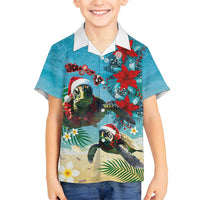 Hawaiian Mele Kalikimaka Family Matching Off Shoulder Short Dress and Hawaiian Shirt Tropical Xmas Turtles Red Poinsettia Watercolor LT03 Son's Shirt Multicolor - Polynesian Pride