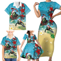 Hawaiian Mele Kalikimaka Family Matching Short Sleeve Bodycon Dress and Hawaiian Shirt Tropical Xmas Turtles Red Poinsettia Watercolor LT03 - Polynesian Pride