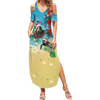 Hawaiian Mele Kalikimaka Family Matching Summer Maxi Dress and Hawaiian Shirt Tropical Xmas Turtles Red Poinsettia Watercolor LT03 Mom's Dress Multicolor - Polynesian Pride