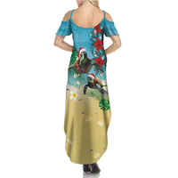 Hawaiian Mele Kalikimaka Family Matching Summer Maxi Dress and Hawaiian Shirt Tropical Xmas Turtles Red Poinsettia Watercolor LT03 - Polynesian Pride