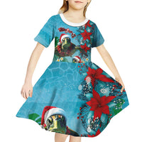 Hawaiian Mele Kalikimaka Kid Short Sleeve Dress Tropical Xmas Turtles Red Poinsettia Watercolor LT03 - Polynesian Pride