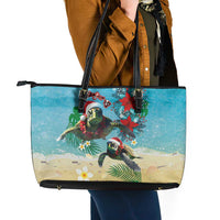 Hawaiian Mele Kalikimaka Leather Tote Bag Tropical Xmas Turtles Red Poinsettia Watercolor LT03 - Polynesian Pride