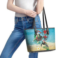 Hawaiian Mele Kalikimaka Leather Tote Bag Tropical Xmas Turtles Red Poinsettia Watercolor LT03 - Polynesian Pride