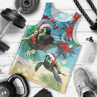 Hawaiian Mele Kalikimaka Men Tank Top Tropical Xmas Turtles Red Poinsettia Watercolor LT03 - Polynesian Pride