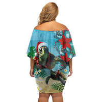 Hawaiian Mele Kalikimaka Off Shoulder Short Dress Tropical Xmas Turtles Red Poinsettia Watercolor LT03 - Polynesian Pride