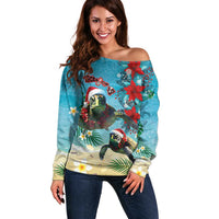 Hawaiian Mele Kalikimaka Off Shoulder Sweater Tropical Xmas Turtles Red Poinsettia Watercolor LT03 Women Multicolor - Polynesian Pride