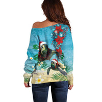 Hawaiian Mele Kalikimaka Off Shoulder Sweater Tropical Xmas Turtles Red Poinsettia Watercolor LT03 - Polynesian Pride