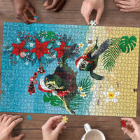 Hawaiian Mele Kalikimaka Puzzle Tropical Xmas Turtles Red Poinsettia Watercolor LT03 - Polynesian Pride