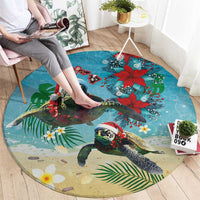 Hawaiian Mele Kalikimaka Round Carpet Tropical Xmas Turtles Red Poinsettia Watercolor LT03 - Polynesian Pride