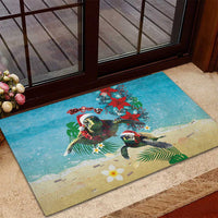 Hawaiian Mele Kalikimaka Rubber Doormat Tropical Xmas Turtles Red Poinsettia Watercolor LT03 - Polynesian Pride