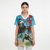 Hawaiian Mele Kalikimaka Scrub Top Tropical Xmas Turtles Red Poinsettia Watercolor LT03 - Polynesian Pride