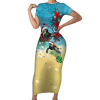 Hawaiian Mele Kalikimaka Short Sleeve Bodycon Dress Tropical Xmas Turtles Red Poinsettia Watercolor LT03 Long Dress Multicolor - Polynesian Pride