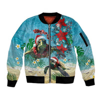 Hawaiian Mele Kalikimaka Sleeve Zip Bomber Jacket Tropical Xmas Turtles Red Poinsettia Watercolor LT03 Unisex Multicolor - Polynesian Pride
