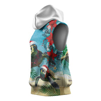 Hawaiian Mele Kalikimaka Sleeveless Hoodie Tropical Xmas Turtles Red Poinsettia Watercolor LT03 - Polynesian Pride